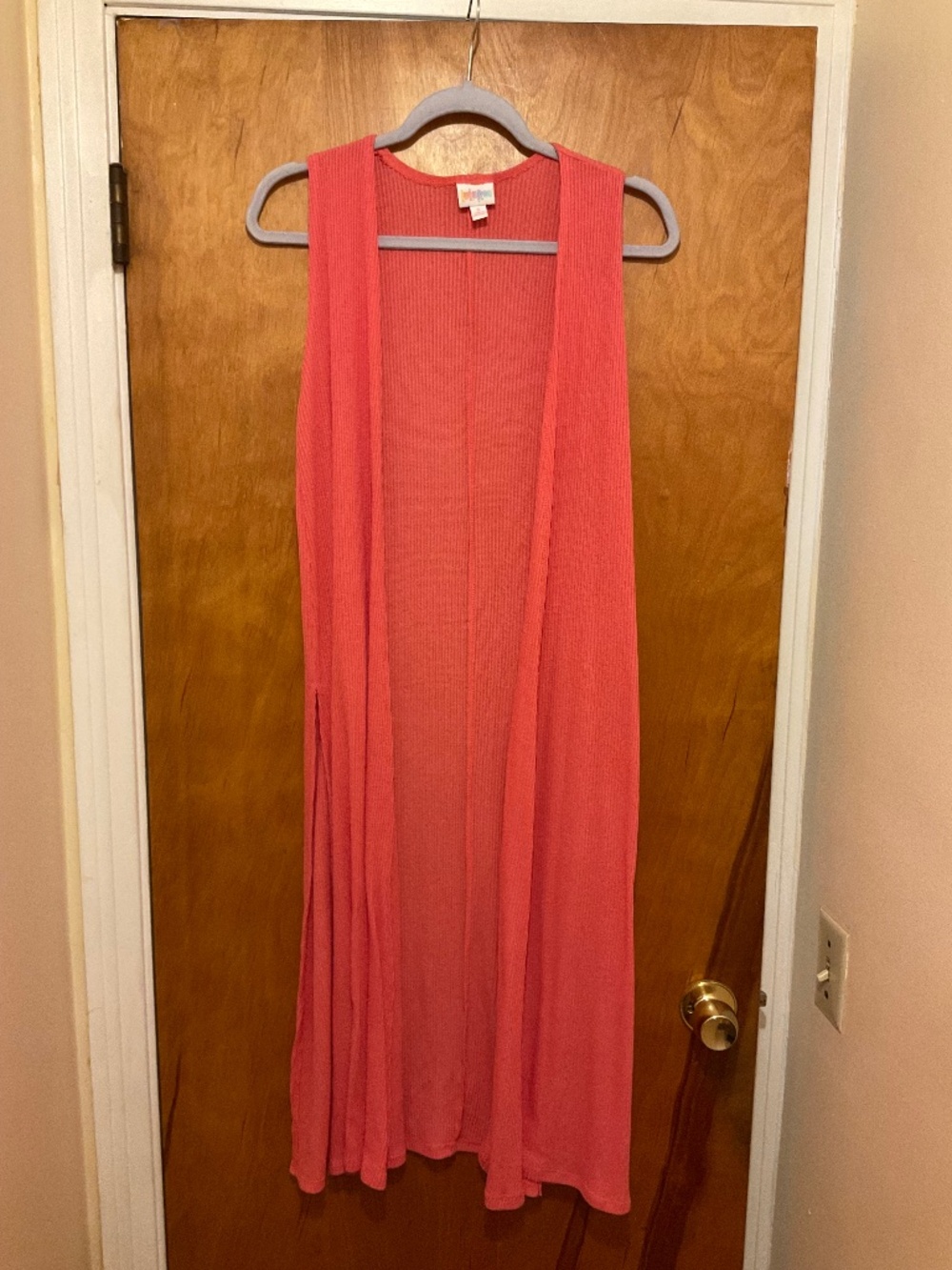 LuLaRoe Orange Ribbed Knit Maxi Sleeveless Vest Duster Cardigan‎ Sz S